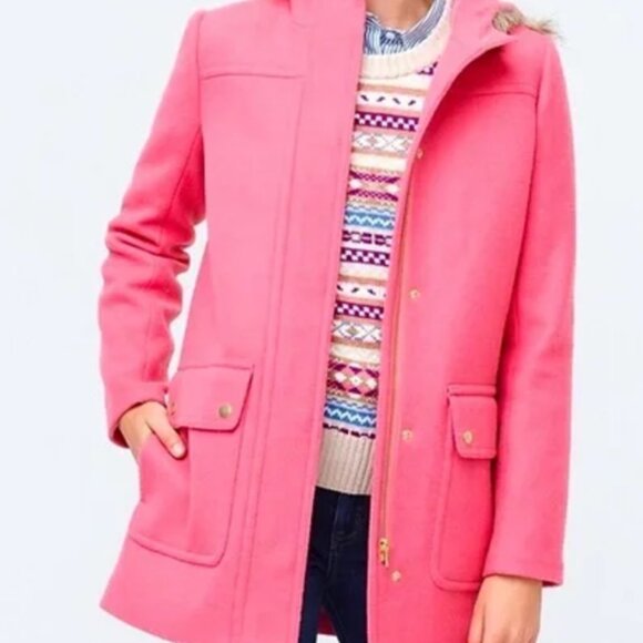 J.Crew Factory Women's Pink Wool Coat with Fur Hood - Size 8 - Picture 3 of 4